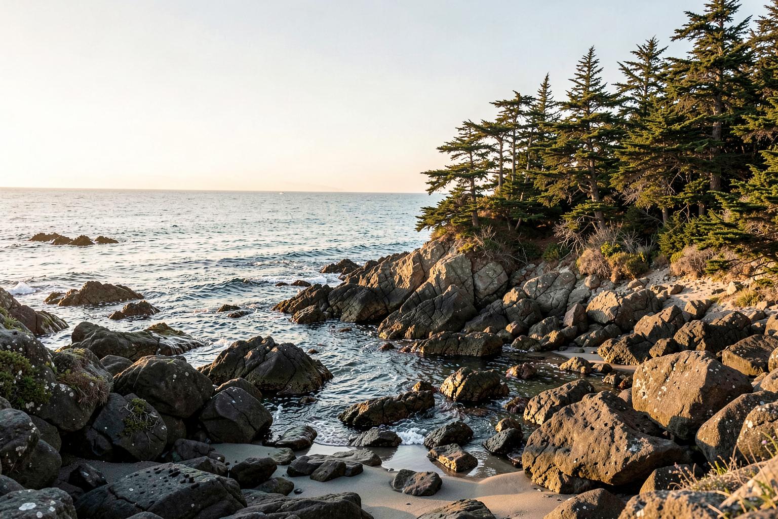Rocky Moonstone Beach shoreline and Monterey cypress trees in Cambria at golden hour
