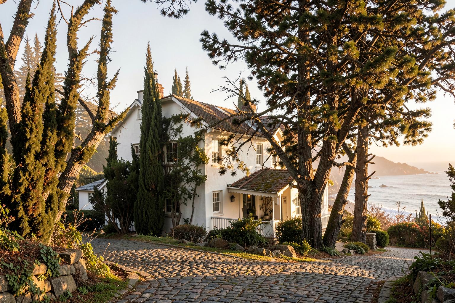 A whitewashed storybook cottage among twisted cypress trees in Carmel-by-the-Sea