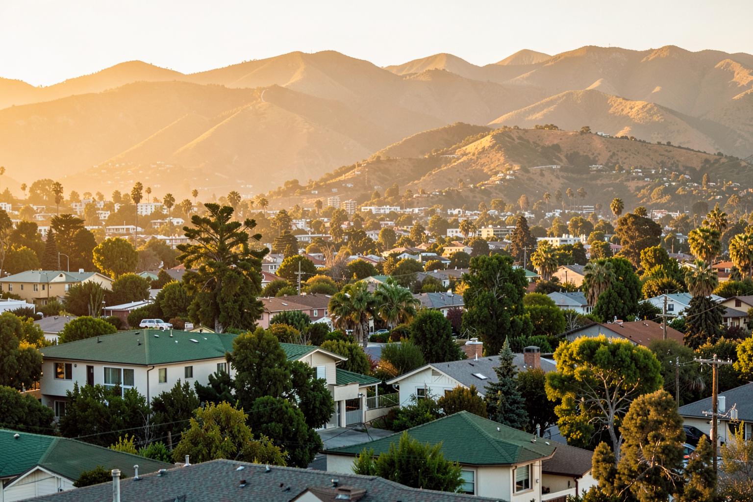 Rooftops and trees of a Cupertino neighborhood below golden foothill ridges at sunset