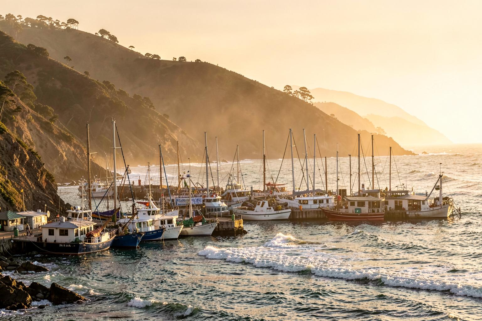 Fishing boats in the Half Moon Bay harbor at golden hour