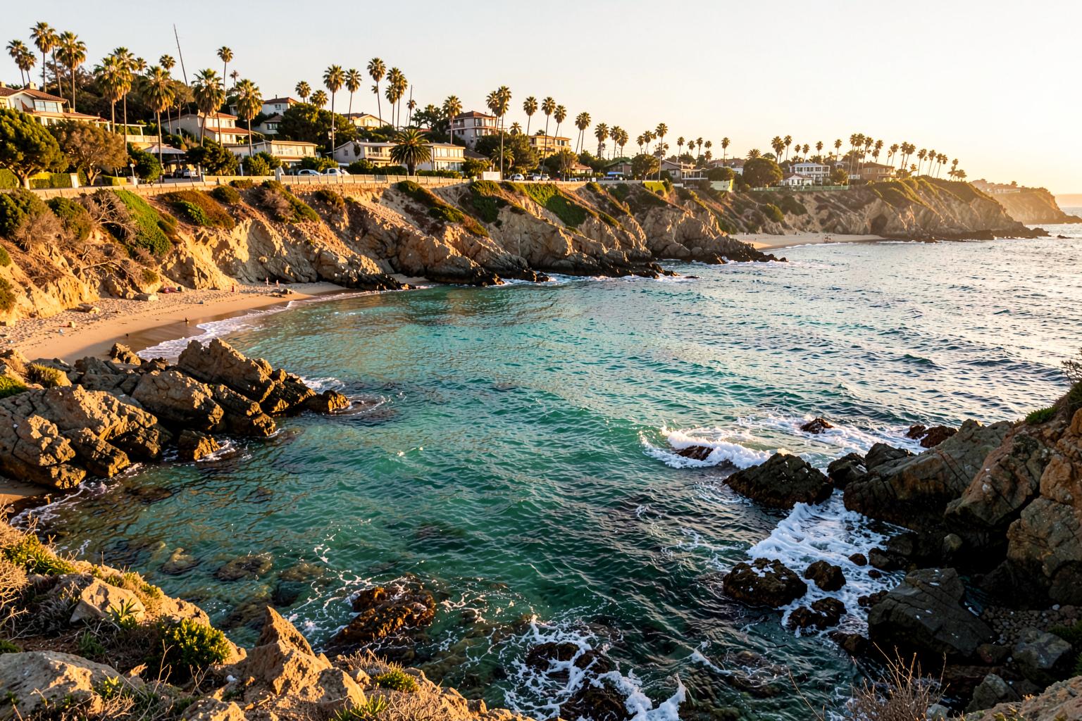 A turquoise cove with rocky outcrops beneath coastal homes in Laguna Beach