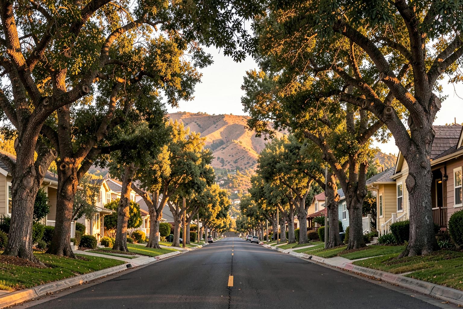 Mature oak trees shading a quiet residential Los Altos street with foothills beyond