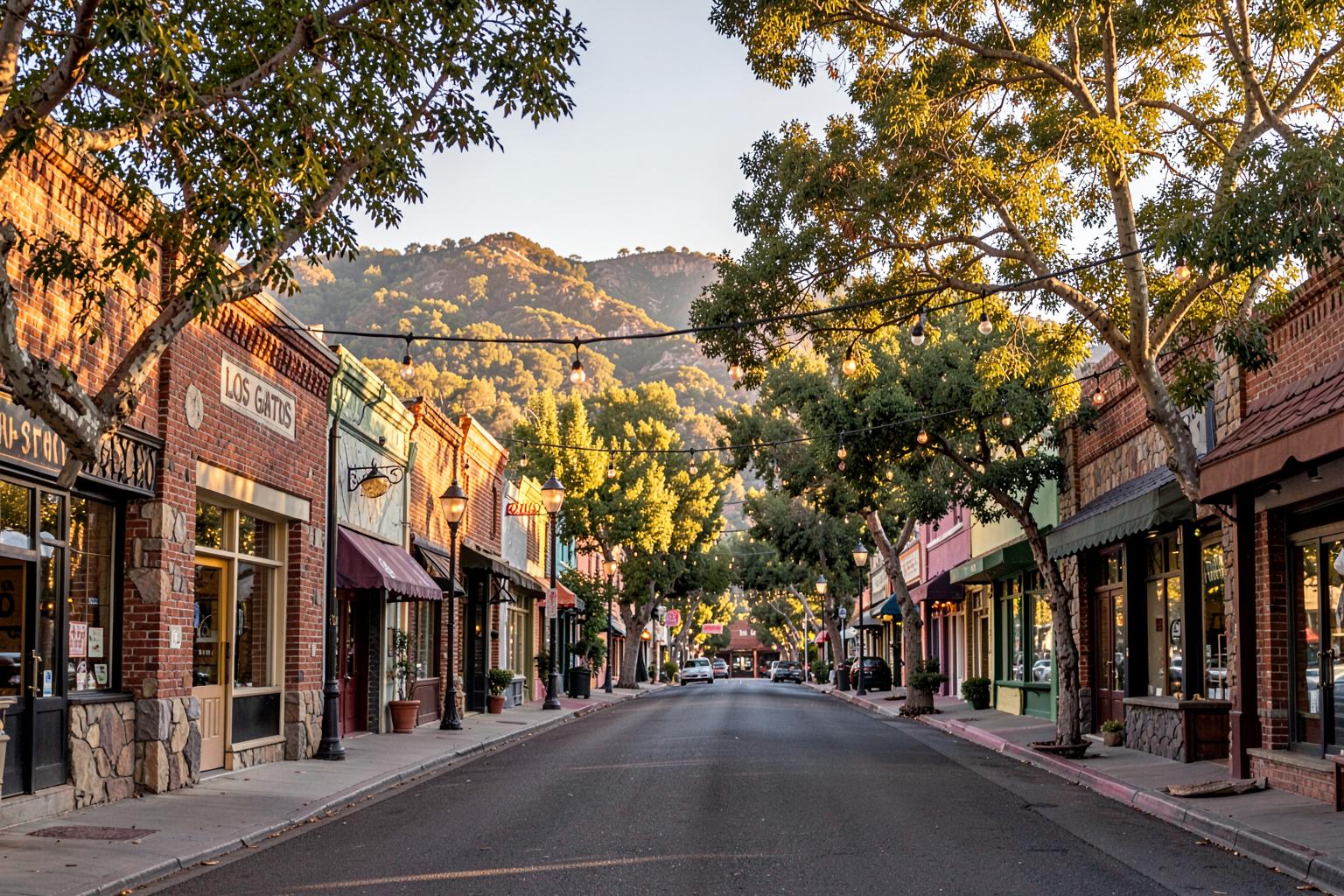 Historic storefronts, string lights, and shade trees on a Los Gatos main street at golden hour