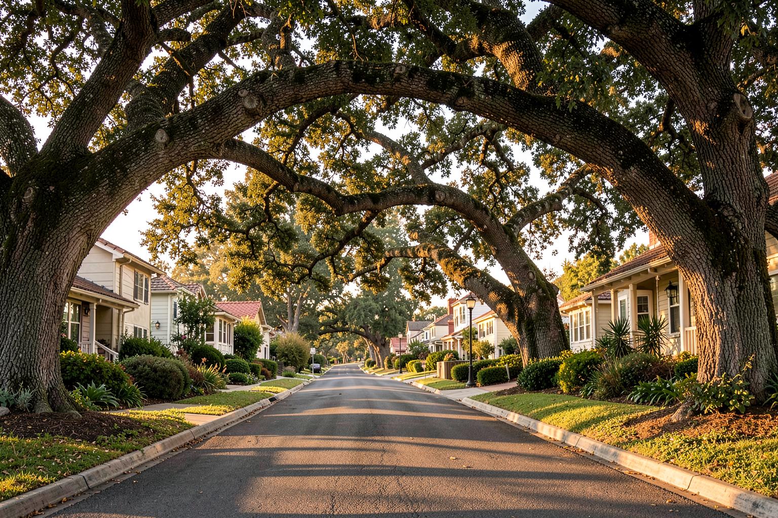 Enormous ancient oak trees arching over a leafy Menlo Park street