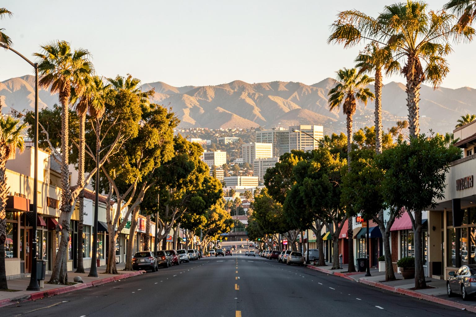 Palm and shade trees lining a downtown Mountain View street at golden hour