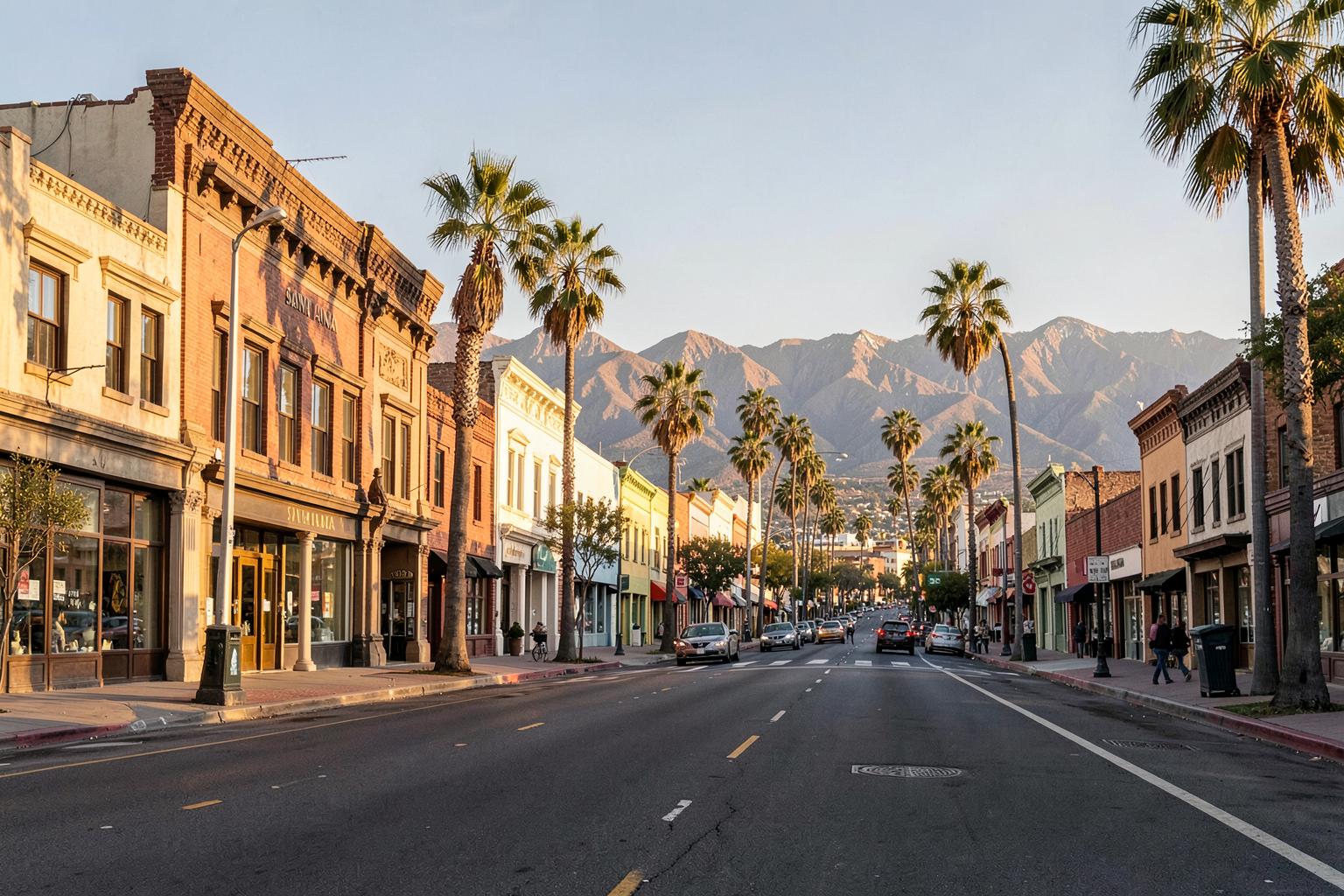 Historic downtown Santa Ana with palm trees and mountains in warm afternoon light