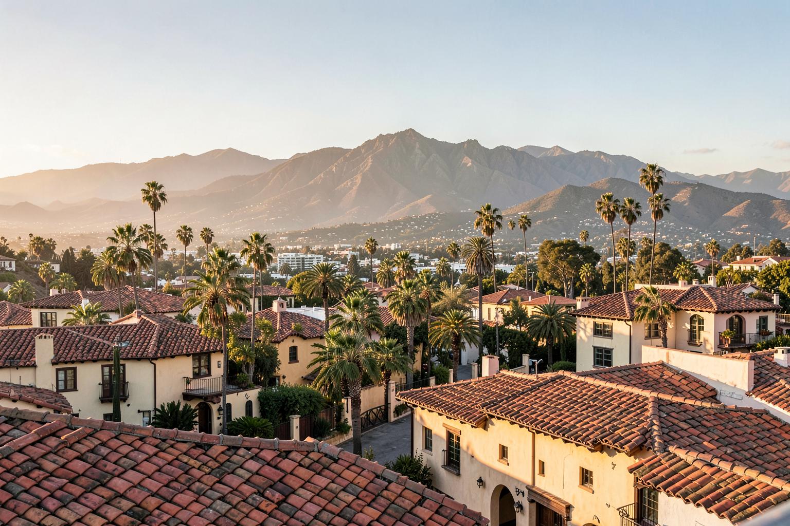 Red tile rooftops, palms, and mountains across Santa Barbara
