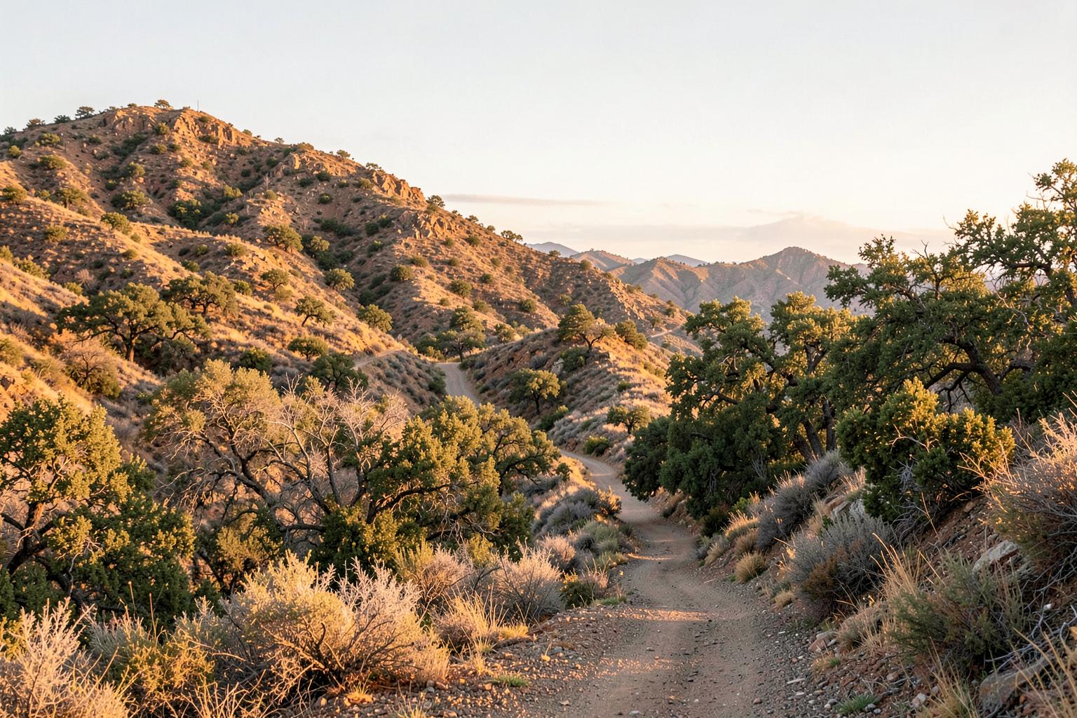 Golden chaparral hills, oak trees, and a winding trail near Santa Clarita