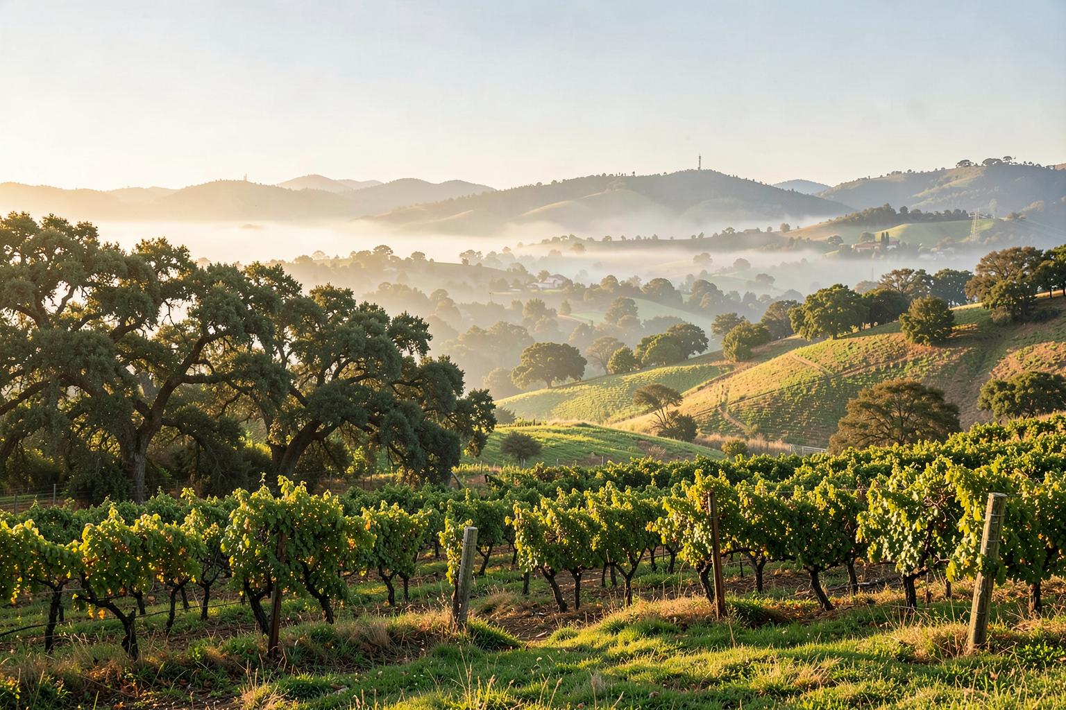 Vineyard rows, oak trees, and misty Sonoma County hills near Santa Rosa