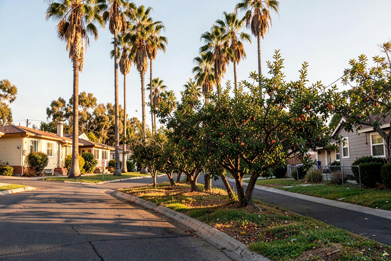 Tall palms and a backyard fruit tree row along a Sunnyvale street in warm light